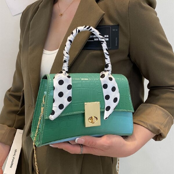 

Twist Lock Croc Embossed Chain Satchel Bag, Green