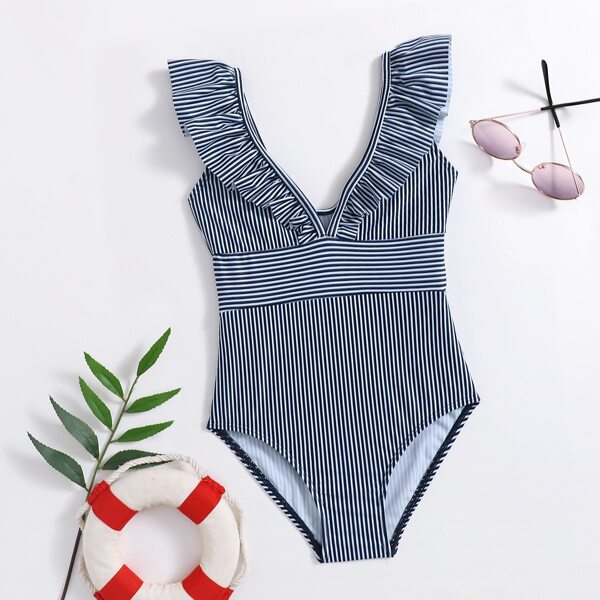 

Toddler Girls Striped Print Ruffle One Piece Swimsuit, Blue and white