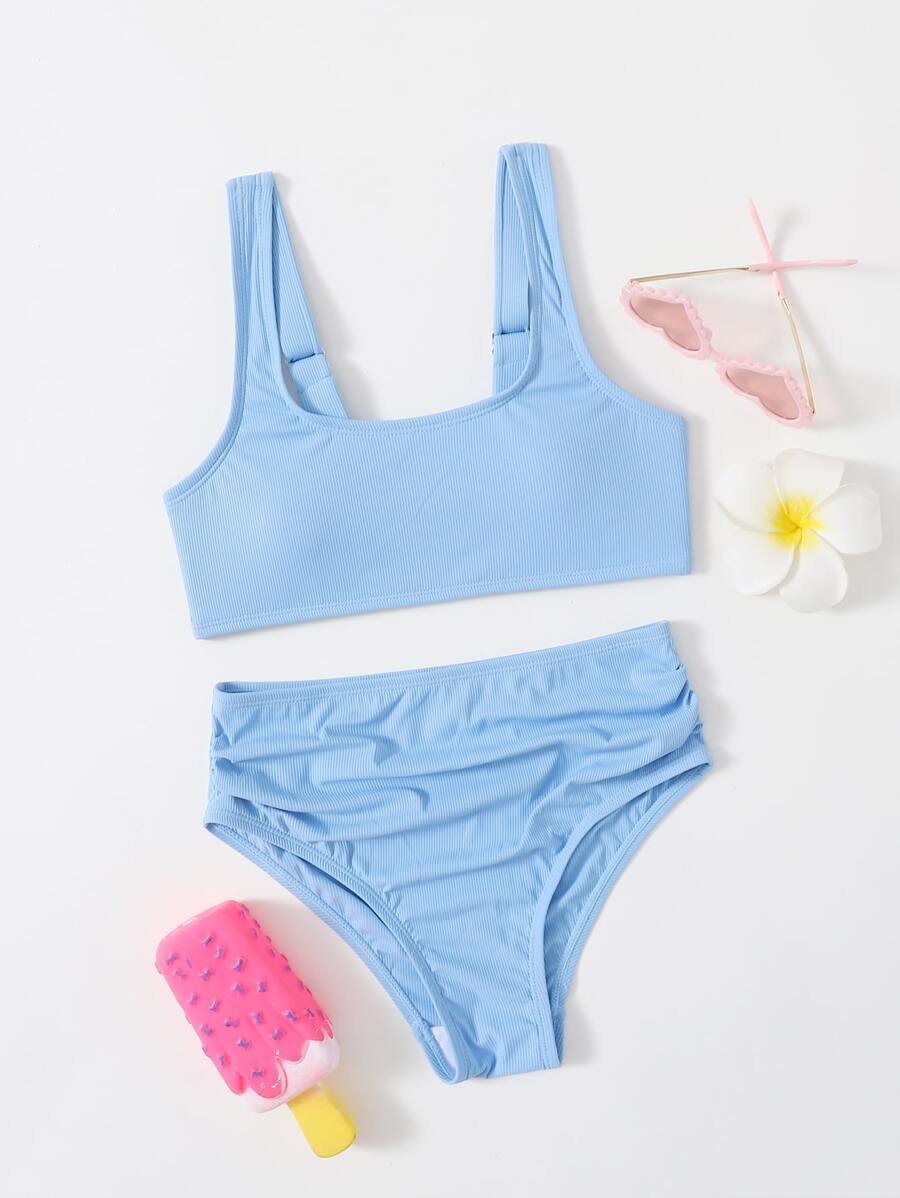 Conjunto de bikini acanalado para niña preadolescente, playa de verano - Celeste - Ver 1
