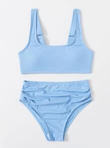 Conjunto de bikini acanalado para niña preadolescente, playa de verano - Celeste - Ver 3