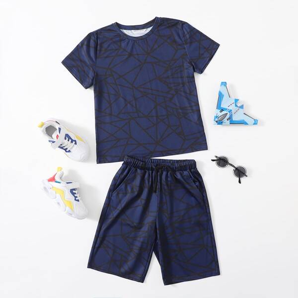 

Boys Geo Print Top & Drawstring Waist Shorts Set, Navy blue