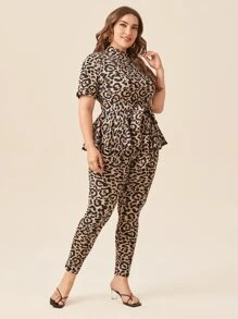 SHEIN Clasi Plus Mock Neck Leopard Belted Top & Leggings Set - Multicolor - View 4