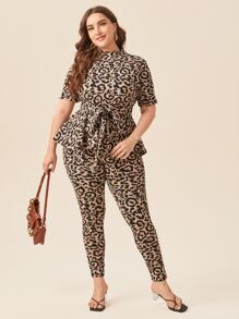 SHEIN Clasi Plus Mock Neck Leopard Belted Top & Leggings Set - Multicolor - View 1