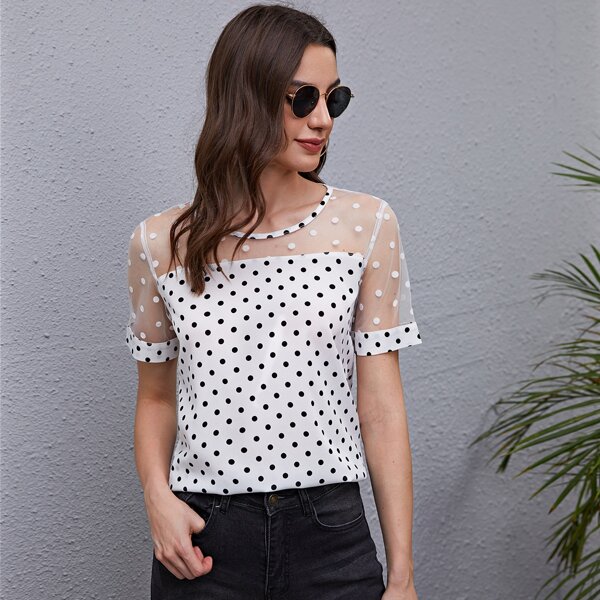 

Polka Dot Print Sheer Mesh Yoke Top, White