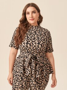 SHEIN Clasi Plus Mock Neck Leopard Belted Top & Leggings Set - Multicolor - View 5