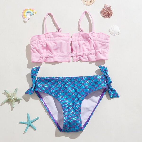 

Baby Girl Fish Scale Pattern Lettuce Trim Bikini Swimsuit, Multicolor