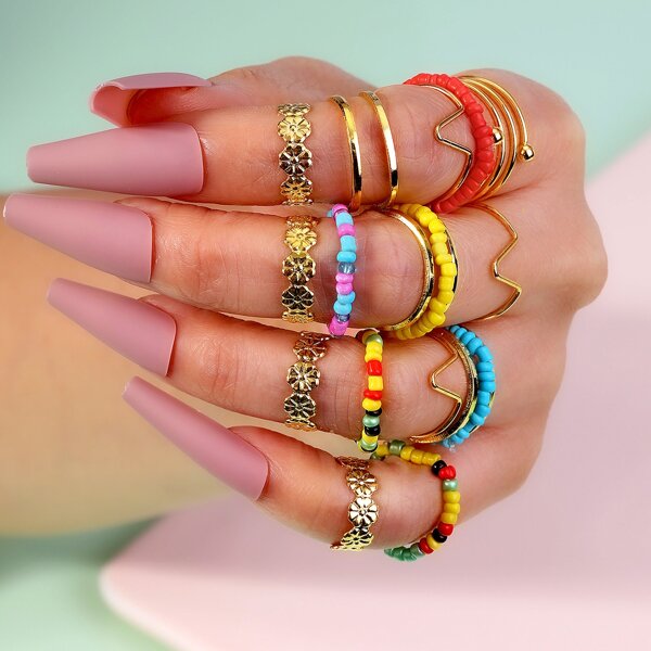 

17pcs Bead Detail Ring, Multicolor