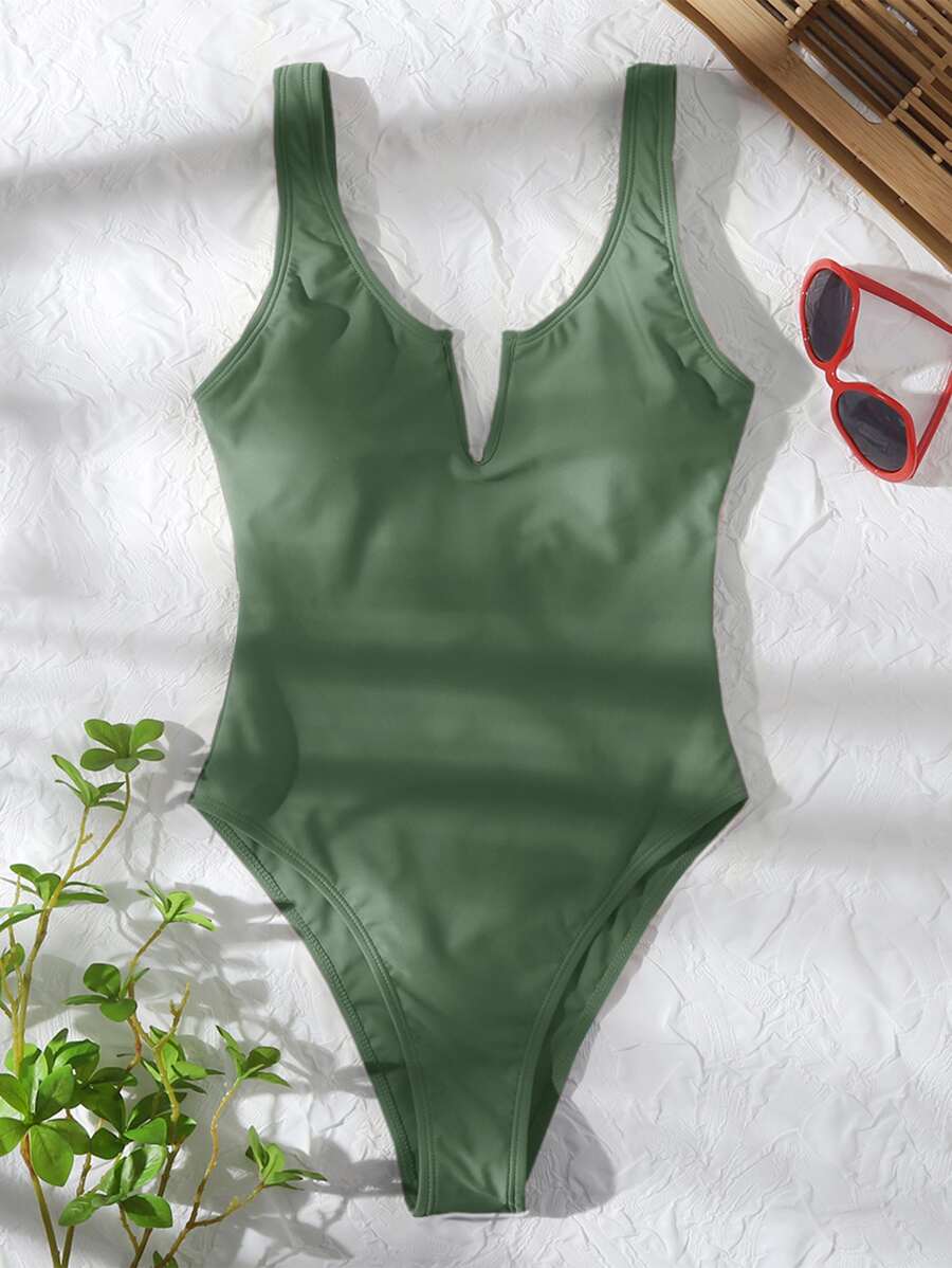 V Wired One-Piece Swimsuit, For Summer Beach Vacation - Dark Green - View 1