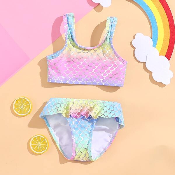 

Baby Girl Fish Scale Ruffle Bikini Swimsuit, Multicolor