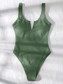 V Wired One-Piece Swimsuit, For Summer Beach Vacation - Dark Green - View 5