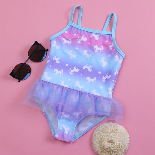 

Toddler Girls Unicorn Print Mesh Ruffle One Piece Swimsuit, Multicolor
