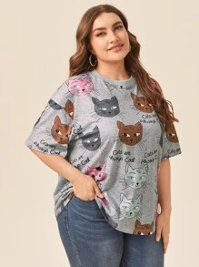 SHEIN LUNE 大碼落肩卡通和標語圖案T恤