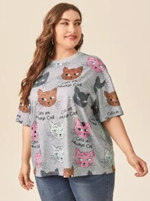 SHEIN LUNE 大碼落肩卡通和標語圖案T恤