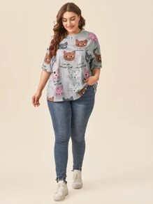 SHEIN LUNE 大碼落肩卡通和標語圖案T恤