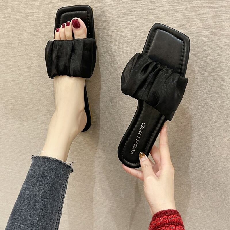 

Ruched Band Slide Sandals, Black