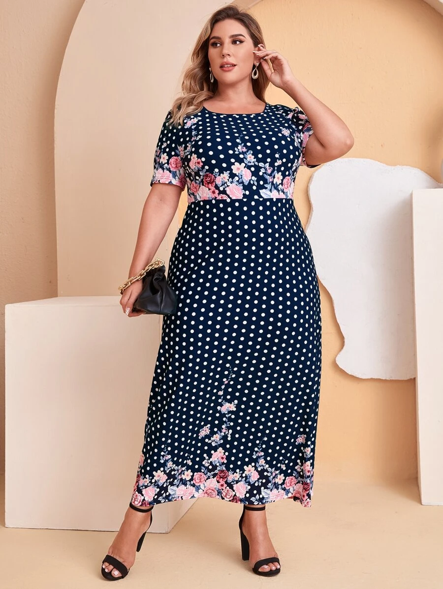 SHEIN Clasi Plus Polka Dot & Floral Print Dress - Multicolor - View 1