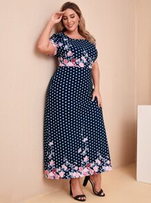 SHEIN Clasi Plus Polka Dot & Floral Print Dress - Multicolor - View 4