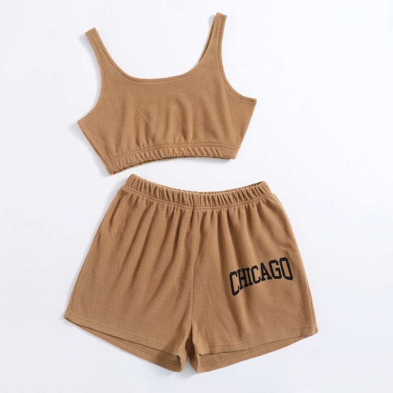 

Solid Tank Top & Letter Shorts, Camel