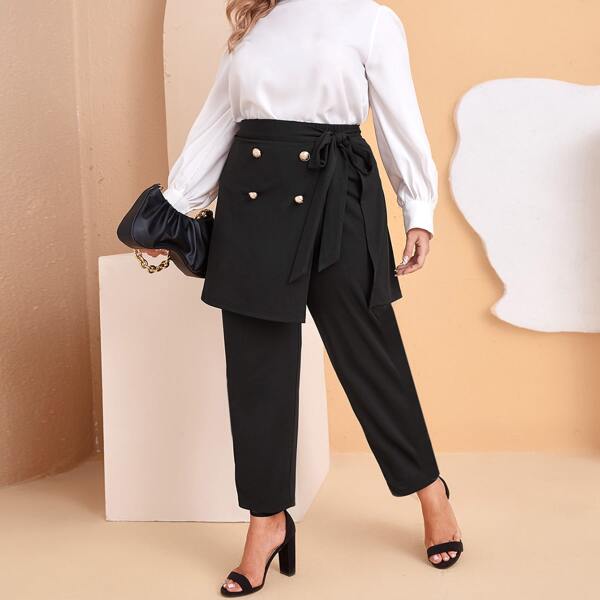 

Plus Gold Button Detail Wrap Knot Pants With Skirt, Black