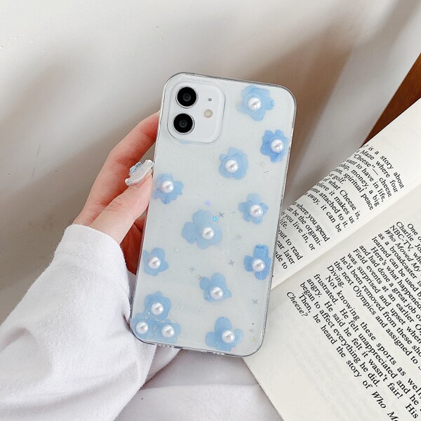 

Faux Pearl Decor Clear Phone Case, Baby blue