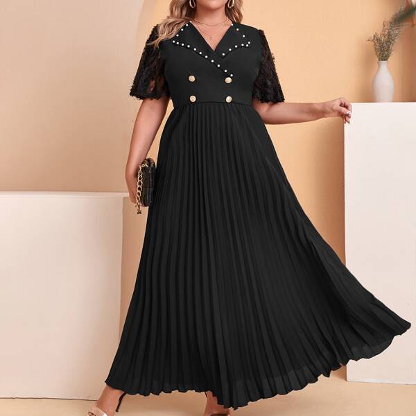 

Plus Pearls Beaded Collar Lace Sleeve Pleated Flare Hem Dress, Black