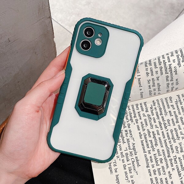 

Contrast Frame Clear Phone Case With Holder, Dark green