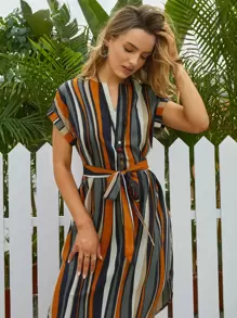 EMERY ROSE Notch Neck Cuffed Sleeve Striped Colourblock Belted Dress - Multicolor - View 3