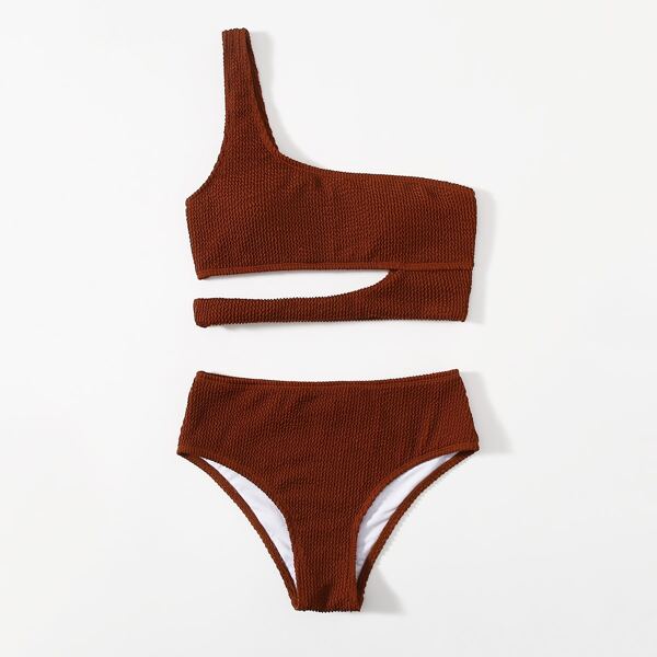 

Textured Cut Out One Shoulder Bikini Swimsuit, Brown