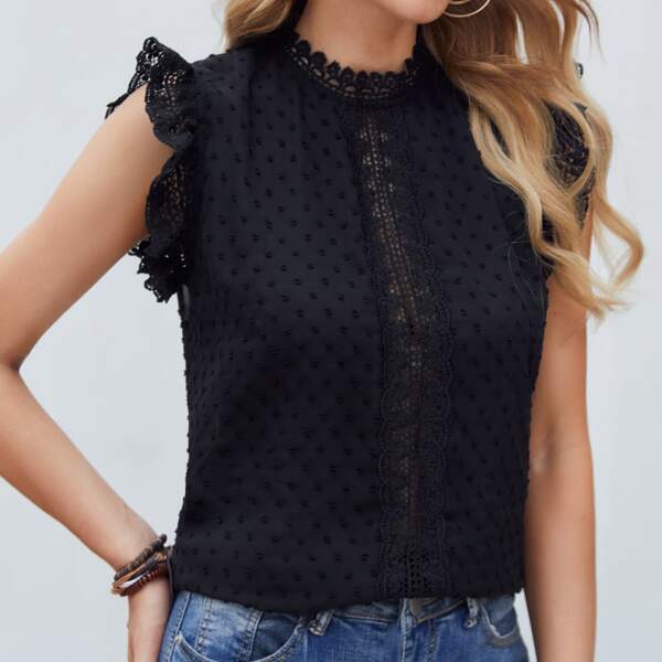 

Lace Detail Ruffle Armhole Swiss Dot Chiffon Top, Black