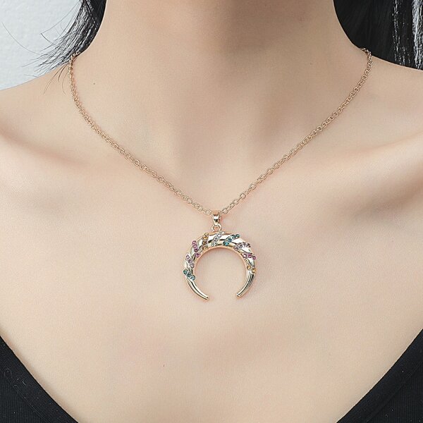 

Rhinestone Moon Charm Necklace, Gold