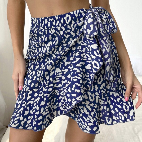 

Ruffle Trim Knotted Leopard Skirt, Blue and white