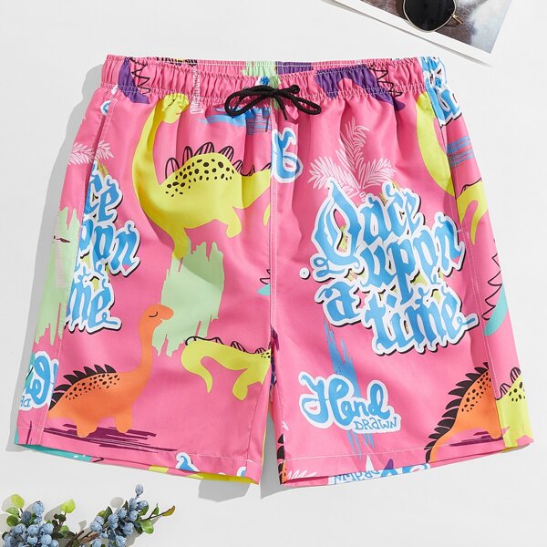 

Men Cartoon Dinosaur Swim Trunks, Multicolor