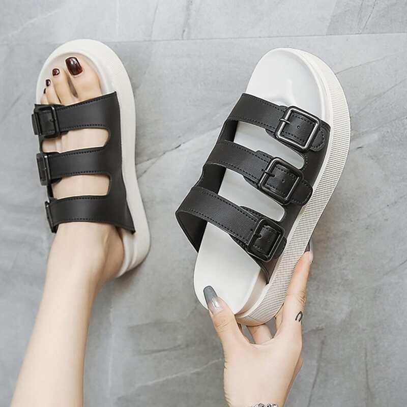 

Buckle Strap Flatform Slide Sandals, Black