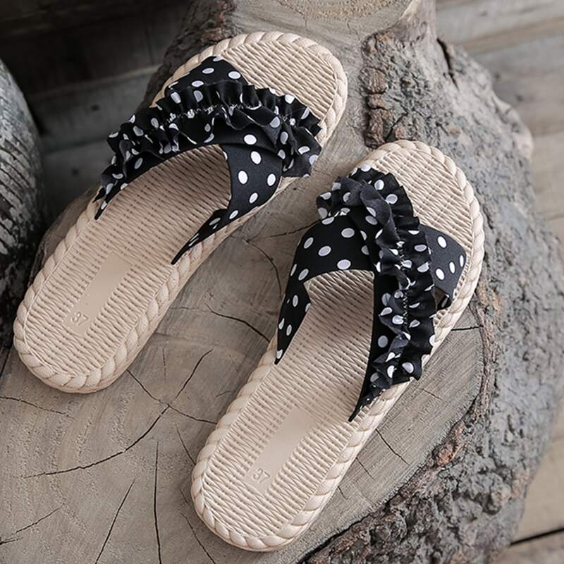 

Polka Dot Ruffle Slide Sandals, Black