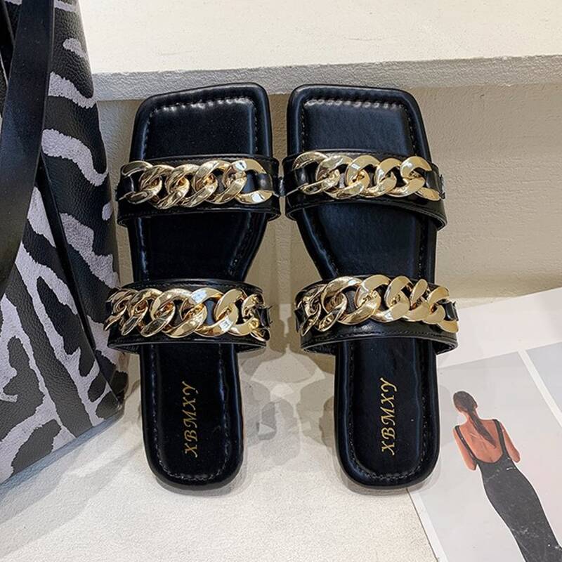 

Chain Strap Slide Sandals, Black