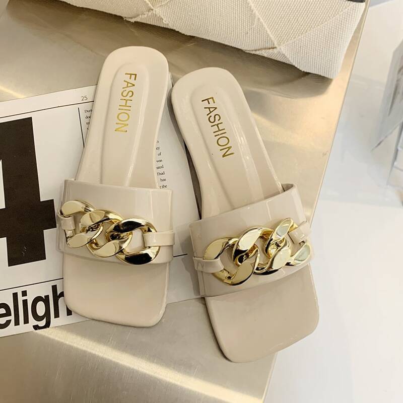 

Chain Band Slide Sandals, Beige