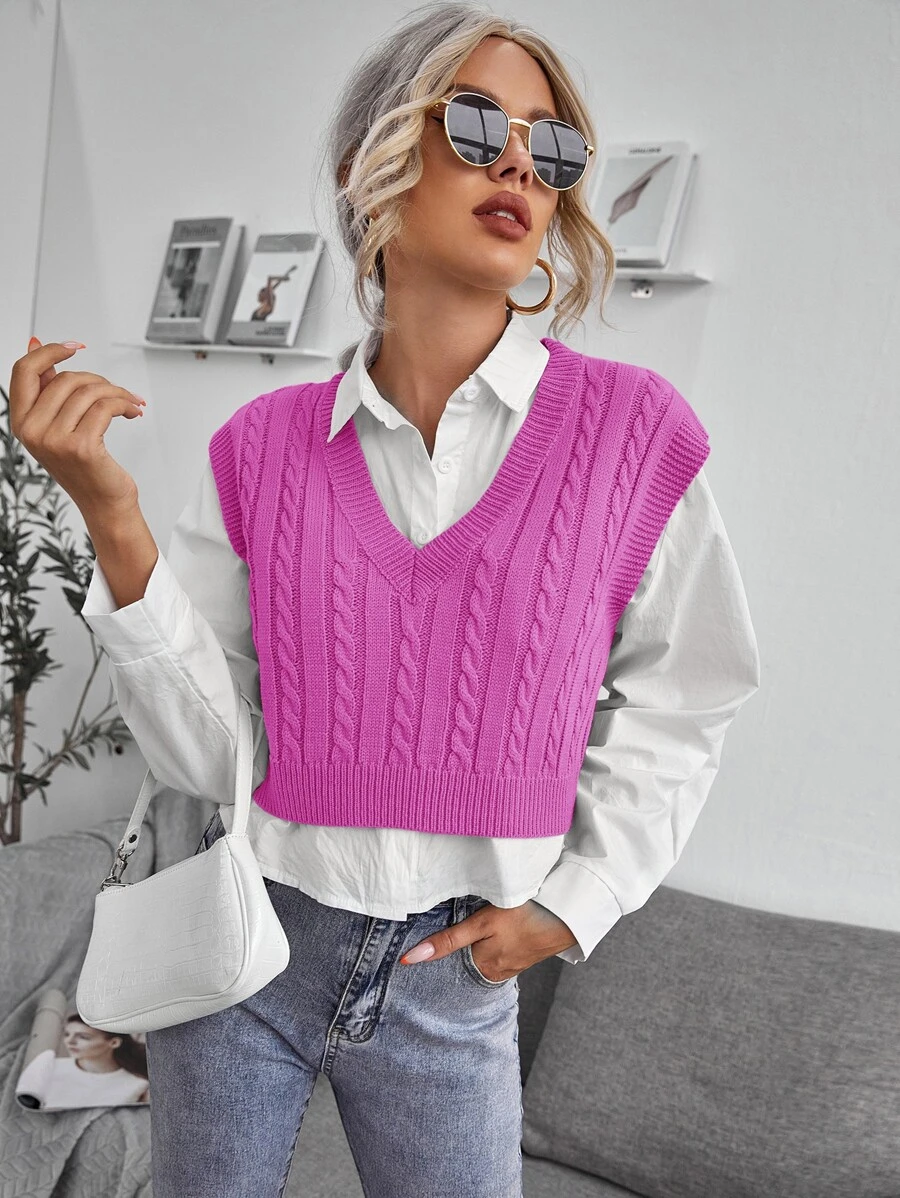 SHEIN Essnce Cable Knit V-neck Sweater Vest - Purple - View 1
