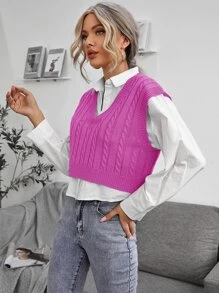 SHEIN Essnce Cable Knit V-neck Sweater Vest - Purple - View 3