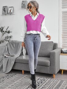 SHEIN Essnce Cable Knit V-neck Sweater Vest - Purple - View 4