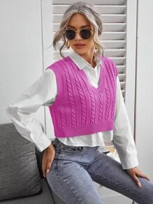 SHEIN Essnce Cable Knit V-neck Sweater Vest - Purple - View 5