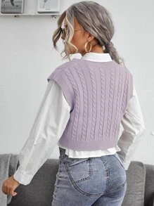 Chiquease Cable Knit V-neck Sweater Vest - Mauve Purple - View 2