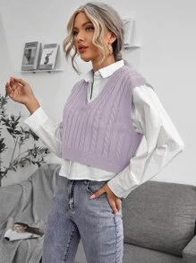 Chiquease Cable Knit V-neck Sweater Vest - Mauve Purple - View 3