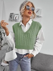 SHEIN Essnce Cable Knit V-neck Sweater Vest - Mint Green - View 1