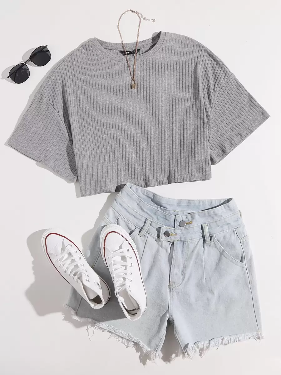 SHEIN EZwear Camiseta corta tejida de canalé unicolor de hombros caídos - Gris - Ver 1