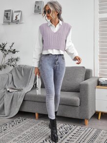 Chiquease Cable Knit V-neck Sweater Vest - Mauve Purple - View 4