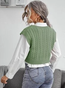 SHEIN Essnce Cable Knit V-neck Sweater Vest - Mint Green - View 2