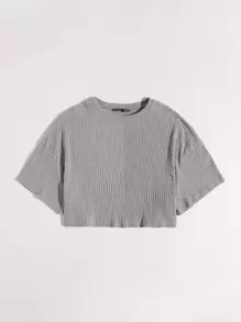 SHEIN EZwear Camiseta corta tejida de canalé unicolor de hombros caídos - Gris - Ver 3