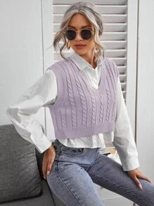 Chiquease Cable Knit V-neck Sweater Vest - Mauve Purple - View 5