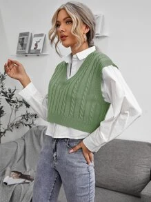 SHEIN Essnce Cable Knit V-neck Sweater Vest - Mint Green - View 3