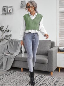 SHEIN Essnce Cable Knit V-neck Sweater Vest - Mint Green - View 4